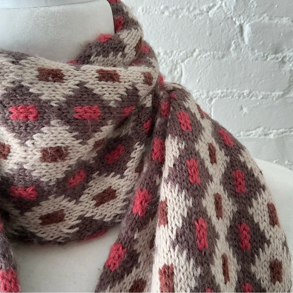 Winters Dream Soft Knit Scarf Fair Isle Print Double Weave Fringe Boho Chic